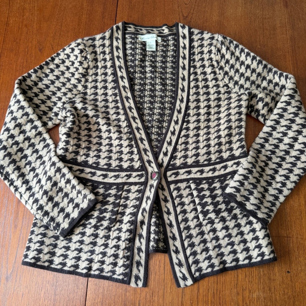 Marisa Christina Houndstooth Wool Blend Single Button Cardigan Sweater Classic